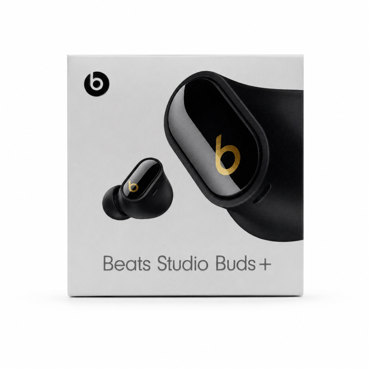 Beats Studio Buds + True Wireless In-Ear-Kopfhörer in Schwarz/Gold – Verpackung Vorderseite